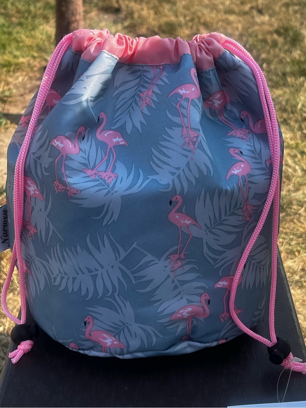 Flamingo Drawstring Cosmetic Bag Pink & Gray